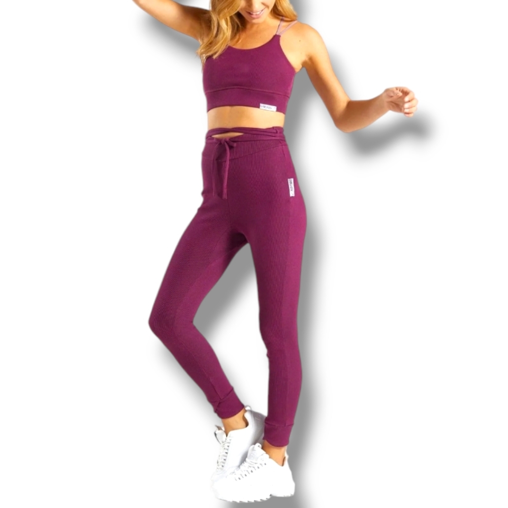 GYMSHARK Slounge Ribbon Dark Ruby Marl Tie Waist Ribbed Soft Leggings, Size XL